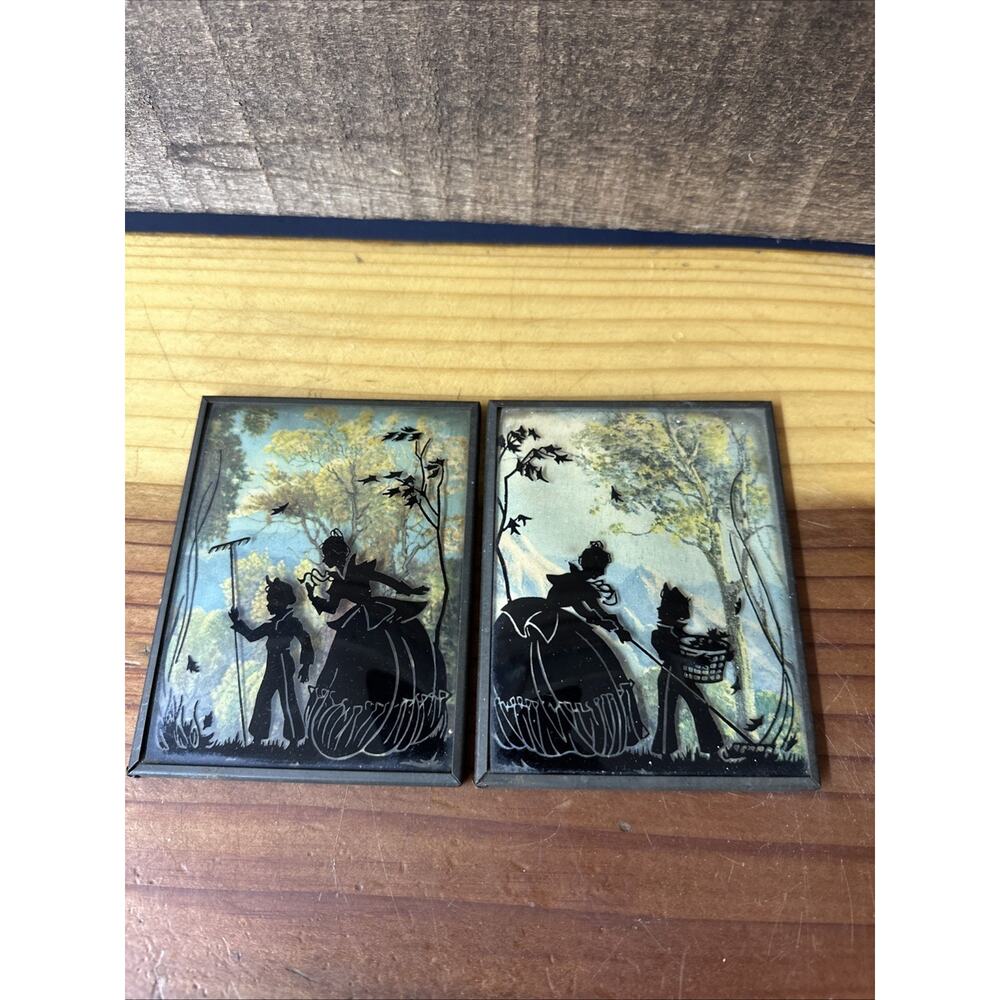 2 Vintage Silhouette Reverse Painting on Convex Glass